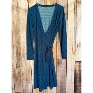 Ann Taylor Wrap Dress Geometric Print Blue Long Sleeve Midi Versatile Size 10